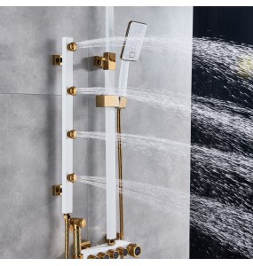 Golden White Shower Faucet In Wall Shower Mixer System Rainfall Shower Head Brass Body Massage Jet Shower Set Swive Spout