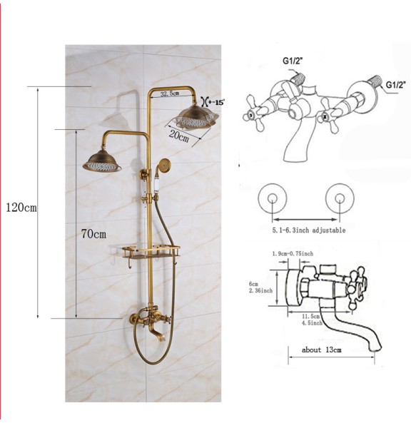 Antique Brass Shower Faucet Mixers Dual Handle Rainfall 8