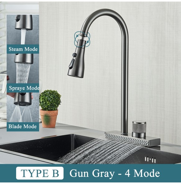 Black Kitchen Faucet With Rainfall Waterfall Wash 4 Function Brass Single Hole Pull Out Mixer Hot Cold Water Taps Deck Mounted