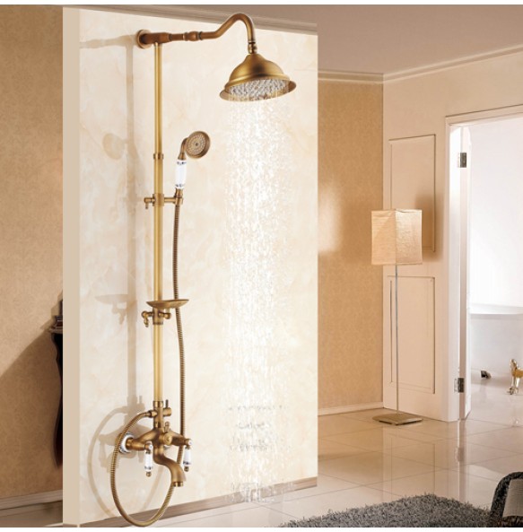 Antique Brass Shower Bath Faucet Sets Wall Mounted EXposed 8