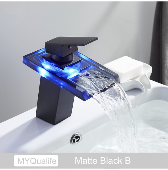 2024 New Black LED Waterfall Basin Bathroom Faucet Deck Mounted Hot Cold Water Mixer Taps Three Color Changing By Battery