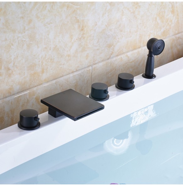 Modern Black Deck Mounted Waterfall 5pc Bathtub Faucet Set with Handshower Widespread Brass Spout 3 Knob Tub Mixer