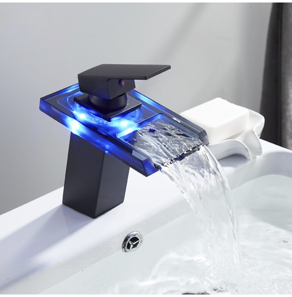 2024 New Black LED Waterfall Basin Bathroom Faucet Deck Mounted Hot Cold Water Mixer Taps Three Color Changing By Battery