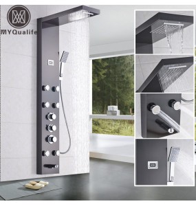 Waterfall 6pc Massage Jets Rain Shower Column Thermostatic Mixer Shower Faucet Tower W/Hand Shower Tub Spout Black Shower Panel