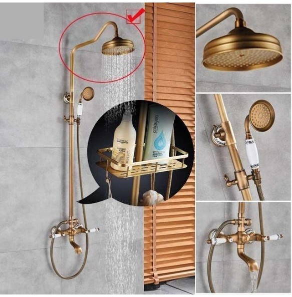 Antique Brass Shower Mixer Faucet Set One Handle with Storage Holder Shower Faucet Taps Swivel Tub Spout 8