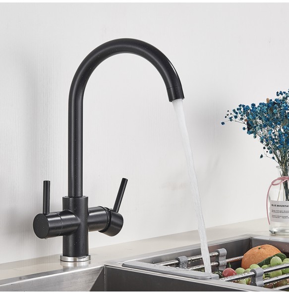 Black Kitchen Filtered Faucet Beige with Dots Brass Purifier Mixer Double Sprayer Drinking Water Curved Sink Tap 360 Rotate