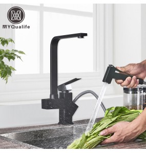 Matte Black  Kitchen Faucet Stainless Steel Mixer Tap Single Handle Two Swivel Spouts Kitchen Pull Out  Spray Tap