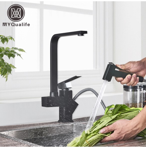 Matte Black  Kitchen Faucet Stainless Steel Mixer Tap Single Handle Two Swivel Spouts Kitchen Pull Out  Spray Tap