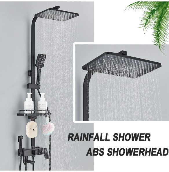 Black Brass Shower Faucet Set Rainfall Bathtub Tap With Bathroom Shelf 4 Functions Height Adjust Shower Mixer Crane Fast Delivey