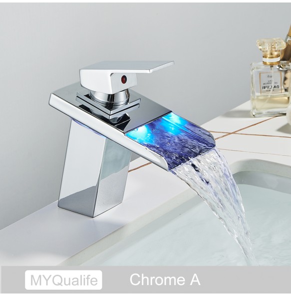 2024 New Black LED Waterfall Basin Bathroom Faucet Deck Mounted Hot Cold Water Mixer Taps Three Color Changing By Battery