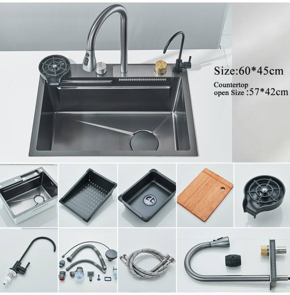 304 Stainless Steel Waterfall Kitchen Sink Large Single Slot Integrated Digital Display Faucet Set Soap Dispenser Cup Washer