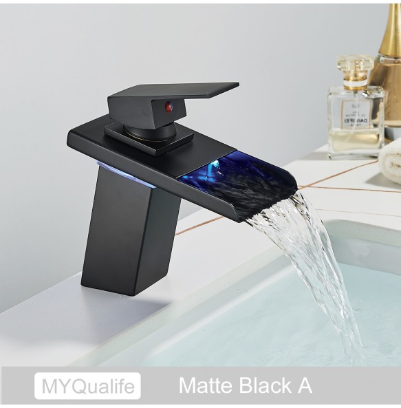 2024 New Black LED Waterfall Basin Bathroom Faucet Deck Mounted Hot Cold Water Mixer Taps Three Color Changing By Battery