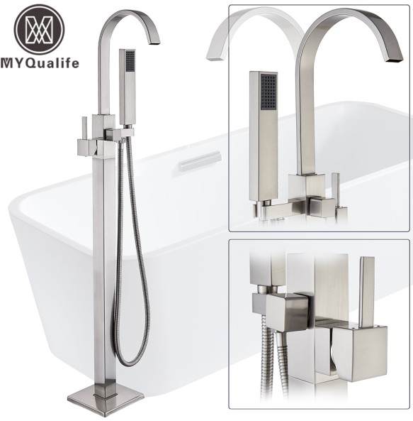 Brushed Nickel Bathtub Faucet Freestanding Bathroom Tub Faucet with Handshower Swive Spout Floor Mounted Bath Shower Mixer Tap