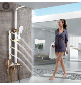 Golden White Shower Faucet In Wall Shower Mixer System Rainfall Shower Head Brass Body Massage Jet Shower Set Swive Spout