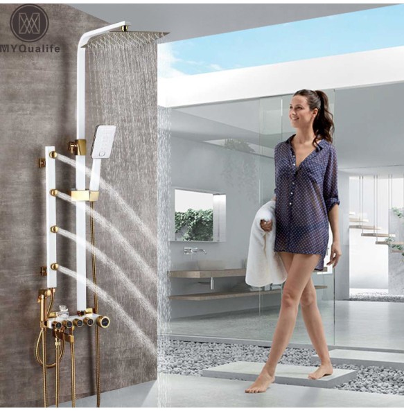 Golden White Shower Faucet In Wall Shower Mixer System Rainfall Shower Head Brass Body Massage Jet Shower Set Swive Spout