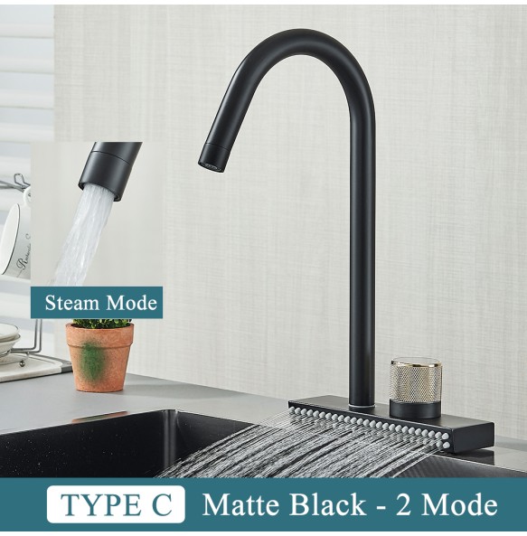 Black Kitchen Faucet With Rainfall Waterfall Wash 4 Function Brass Single Hole Pull Out Mixer Hot Cold Water Taps Deck Mounted