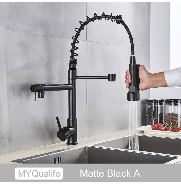 Matte Black Finish Dual Spout Kitchen Sink Faucet Deck Mount Spring Kitchen Mixer Tap Kitchen Hot and Cold Water tap