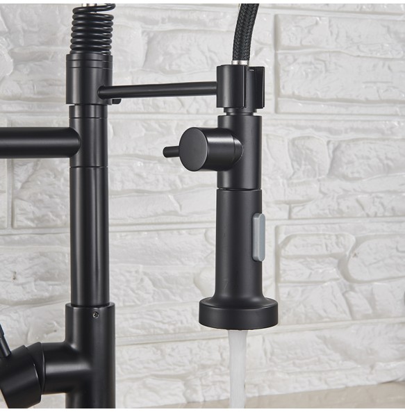 Matte Black Finish Dual Spout Kitchen Sink Faucet Deck Mount Spring Kitchen Mixer Tap Kitchen Hot and Cold Water tap