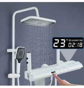 White Shower Faucet Set Rainfall Bathtub Tap With Bathroom Shelf 4 Functions Height Adjust Shower Mixer Crane