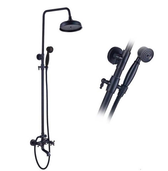 Black Bronze Shower Faucet Set Dual Handle Shower Mixer Wall Mount Rainfall Shower System 8