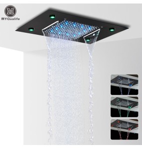 Black LED Rain Waterfall Shower Head Remote Control LED Colors Ceiling Mounted Shower Head 50*35CM Square Head Bathroom Shower