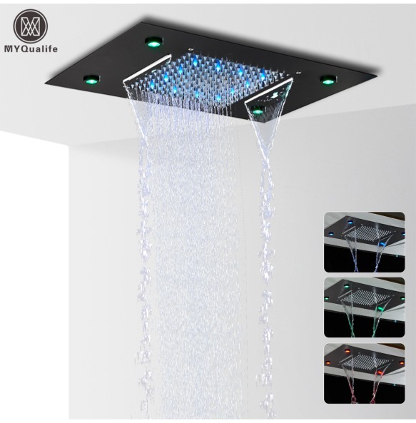 Black LED Rain Waterfall Shower Head Remote Control LED Colors Ceiling Mounted Shower Head 50*35CM Square Head Bathroom Shower