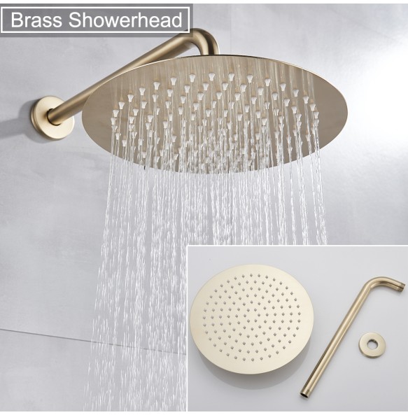 Brushed Gold Shower Faucet Set Round Brass Bathroom Wall Mount Rotate Tub Spout  Rainfall Head 3 Ways Mixer Tap