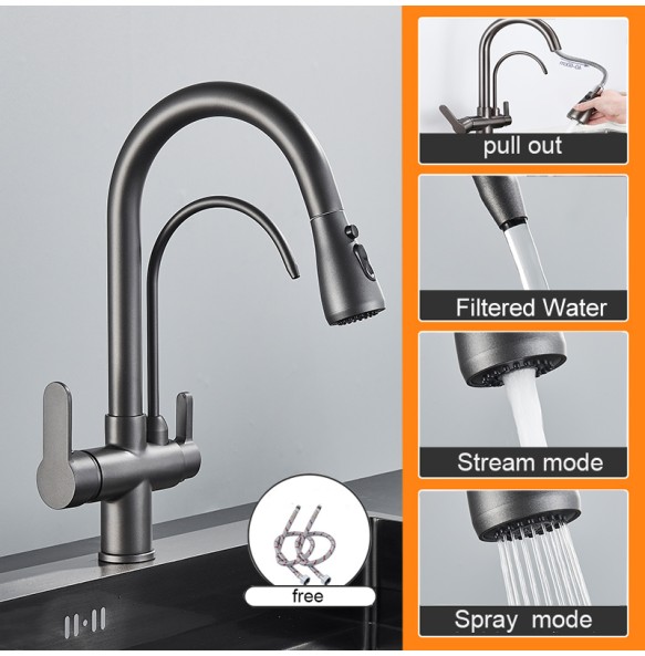 Matte Black Pure Water Kitchen Faucet Dual Handle Hot and Cold Drinking Water Pull Out  Kitchen Mixer Taps