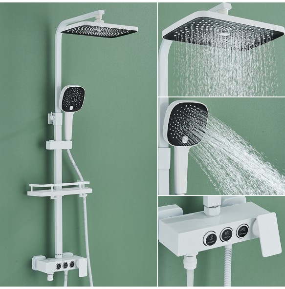 White Thermostatic Shower Faucet Fixed Temperature 3 Way Key Rainfall System Bathtub Tap With Big Showerhead Bathroom Shelf