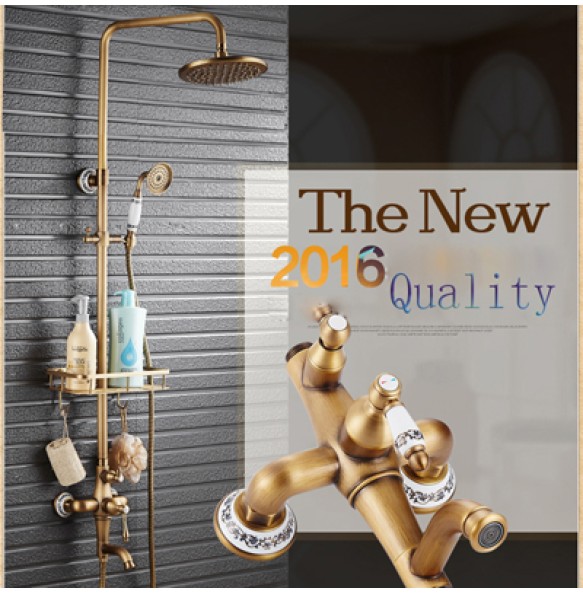 Antique Brass Shower Mixer Faucet Set One Handle with Storage Holder Shower Faucet Taps Swivel Tub Spout 8