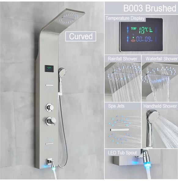 Black LED Light LCD Shower Faucet Bathroom SPA Massage Jet Shower Column System Waterfall Rain Shower Panel With Temperature