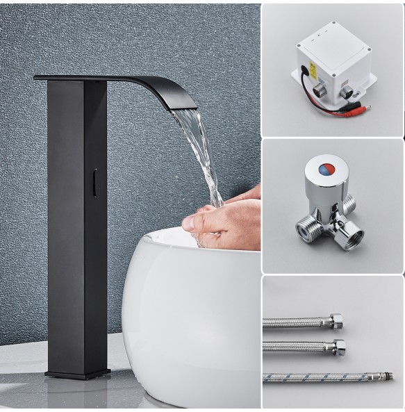 2024 New Black Sensor Basin Faucet Bathroom Automatic Sensor Watefall Faucet Touchless Free Touch Sink Tap Hot Cold Water Mixer Crane