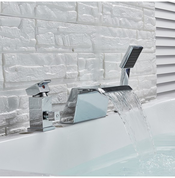 Deck Mount 3PCS Waterfall Bathtub Faucet Single Handle Handheld Tub Mixer Taps Chrome Widespread Tub Sink Tap