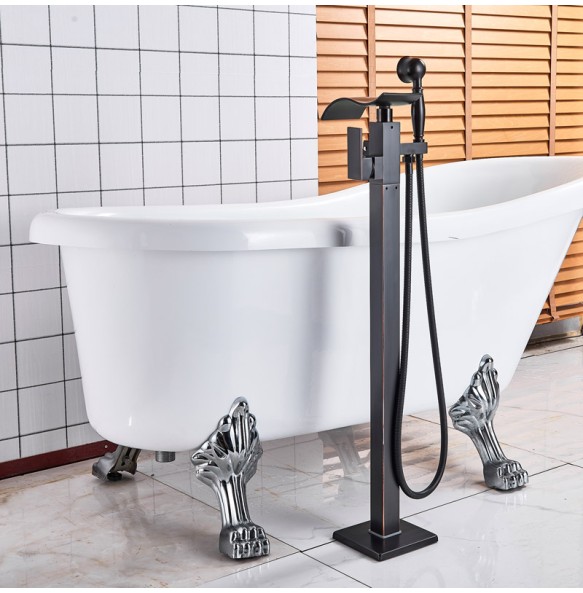 Black Bronze Free Standing Bathtub Mixer Faucet Single Handle Brass Waterfall Tub Mixers Floor Mounted Claw Foot Bath Shower Set