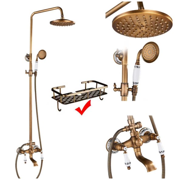 Antique Brass Shower Faucet Mixers Dual Handle Rainfall 8