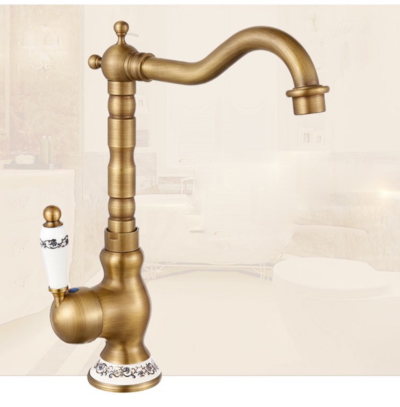 2024 New Antique Brass Bathroom Kitchen Sink Faucet Deck Mount Hot and cold Crane Vanity Sink Mixer Taps Blue and white porcelain Handle