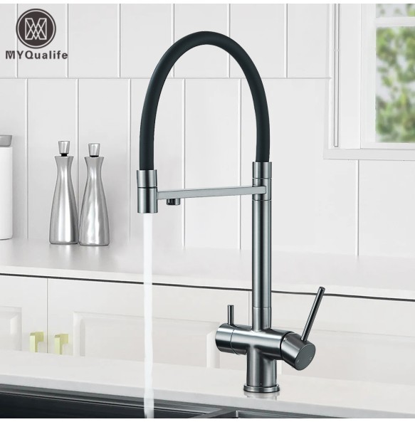 Gun Gray Filtered Kitchen Faucet Pure Water Pull Out Brass Sink Faucet Dual Handle Hot&Cold Drinking Water Purified Mixer Taps