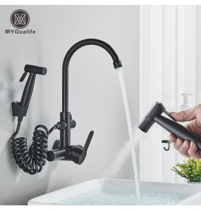 Black Two Mode Kitchen Faucet 304 Steel 360 Rotation With Handheld Shower Hot&Cold Mixer Kitchen Sink Tap Crane Shower Faucet