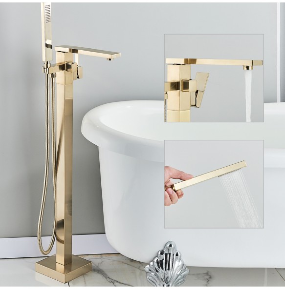 Luxury Brushed Gold Bathtub Faucet Free Standing Bathroom Tub Faucet  6 Types Spout Floor Mounted Bath Shower Mixer Tap