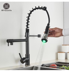 Kitchen Faucet Brushed LED Light Pull-down spring Kitchen Mixer with Hot Cold Water Single Handle Swivel Spout Handheld Head