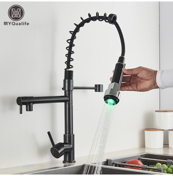 Kitchen Faucet Brushed LED Light Pull-down spring Kitchen Mixer with Hot Cold Water Single Handle Swivel Spout Handheld Head