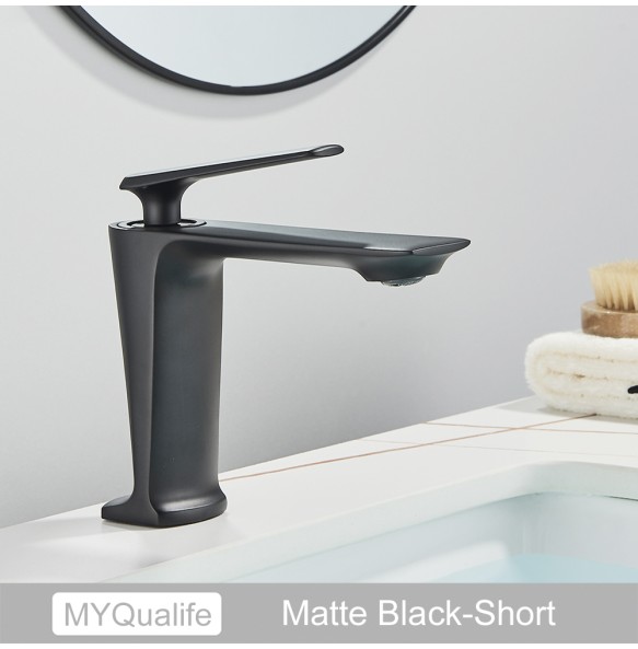 2024 New MYQualife Black Tall Basin Brass Sink Faucet Bathroom Mixer Tap Single Handle Hot Cold Water Deck Mounted Vanity Sink Faucet