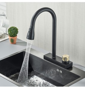 Black Kitchen Faucet With Rainfall Waterfall Wash 4 Function Brass Single Hole Pull Out Mixer Hot Cold Water Taps Deck Mounted