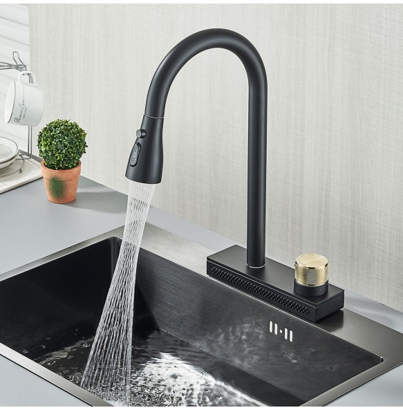 Black Kitchen Faucet With Rainfall Waterfall Wash 4 Function Brass Single Hole Pull Out Mixer Hot Cold Water Taps Deck Mounted