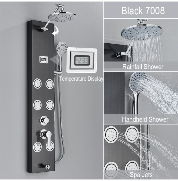 Black Shower Panel With Storage Rack Rainfall Shower Faucet Set SPA Massage Jet Bath Shower Column Double Handle Mixer Tap Tower