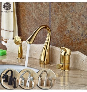 Deck Mounted Widespread 3pc Bathroom Bath Tub Mixer Faucet Brass Handshower Goose Neck Spout Bathroom Mixer Taps