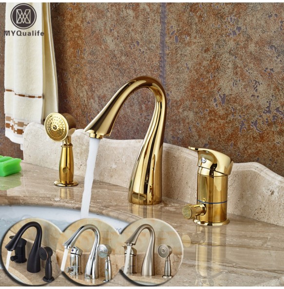 Deck Mounted Widespread 3pc Bathroom Bath Tub Mixer Faucet Brass Handshower Goose Neck Spout Bathroom Mixer Taps