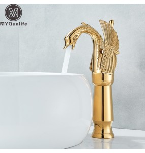 2024 New Swan Shape Bathroom Mixer Faucet Tap Deck Mount One Hole Water Taps with Hot Cold Water Golden Color Basin Faucet One Handle