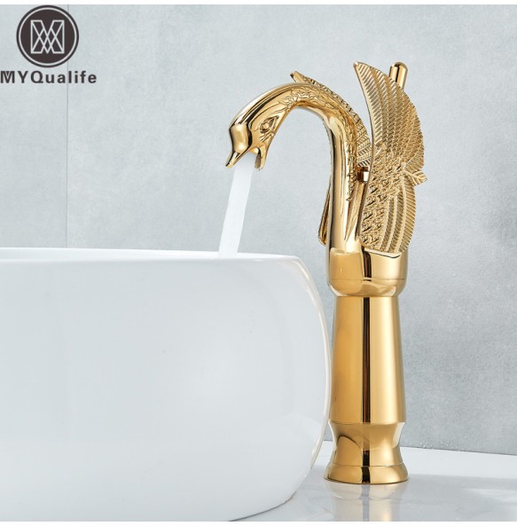 2024 New Swan Shape Bathroom Mixer Faucet Tap Deck Mount One Hole Water Taps with Hot Cold Water Golden Color Basin Faucet One Handle