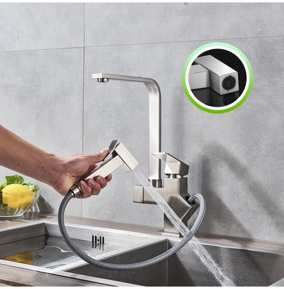 Matte Black  Kitchen Faucet Stainless Steel Mixer Tap Single Handle Two Swivel Spouts Kitchen Pull Out  Spray Tap